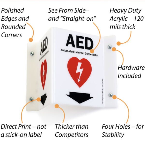 AED wall sign, acrylic, triangular/3D, 6"x8”, down arrow - Image 2