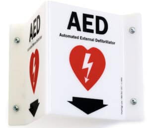 AED wall sign, acrylic, triangular/3D, 6"x8”, down arrow