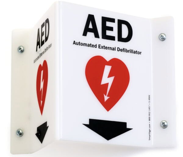 AED wall sign, acrylic, triangular/3D, 6"x8”, down arrow