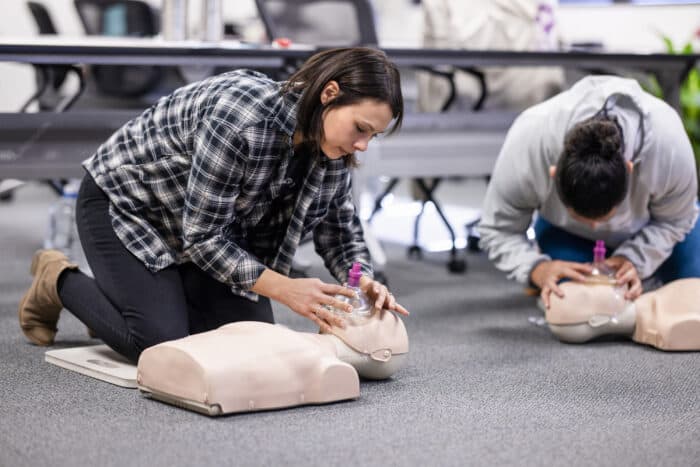 CPR training with mannequin at Rescue Training Institute headquarters in Folsom California 