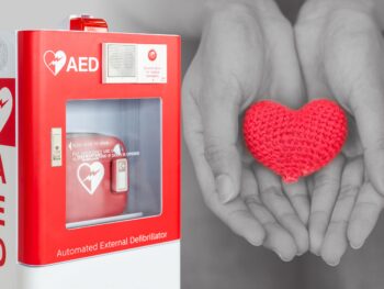 AED machine attached to wall with hands holding heart