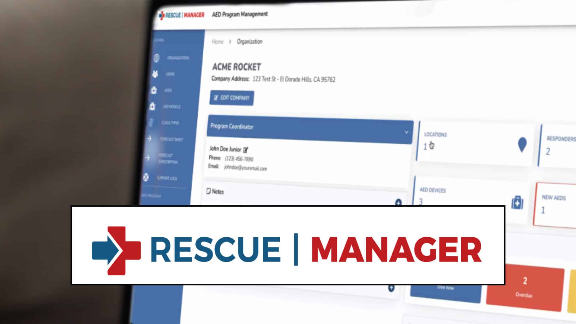 Computer screen with rescue manager software shown with logo