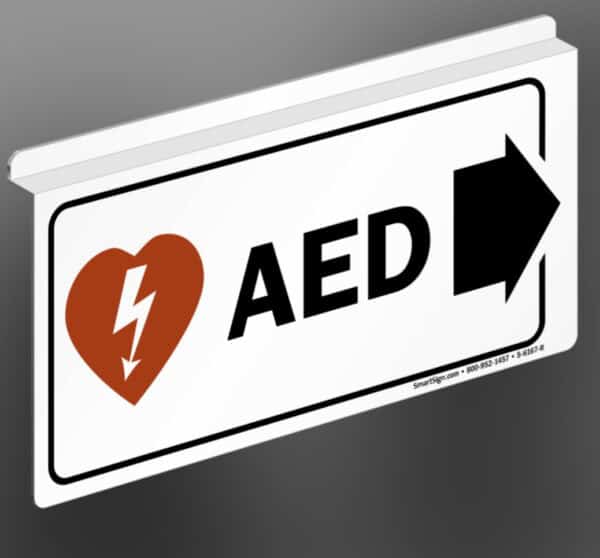 AED Sign for Ceiling (2-Sided) with side arrow, 6"x12"