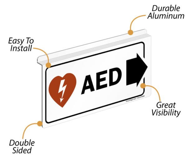 AED Sign for Ceiling (2-Sided) with side arrow, 6"x12" - Image 3